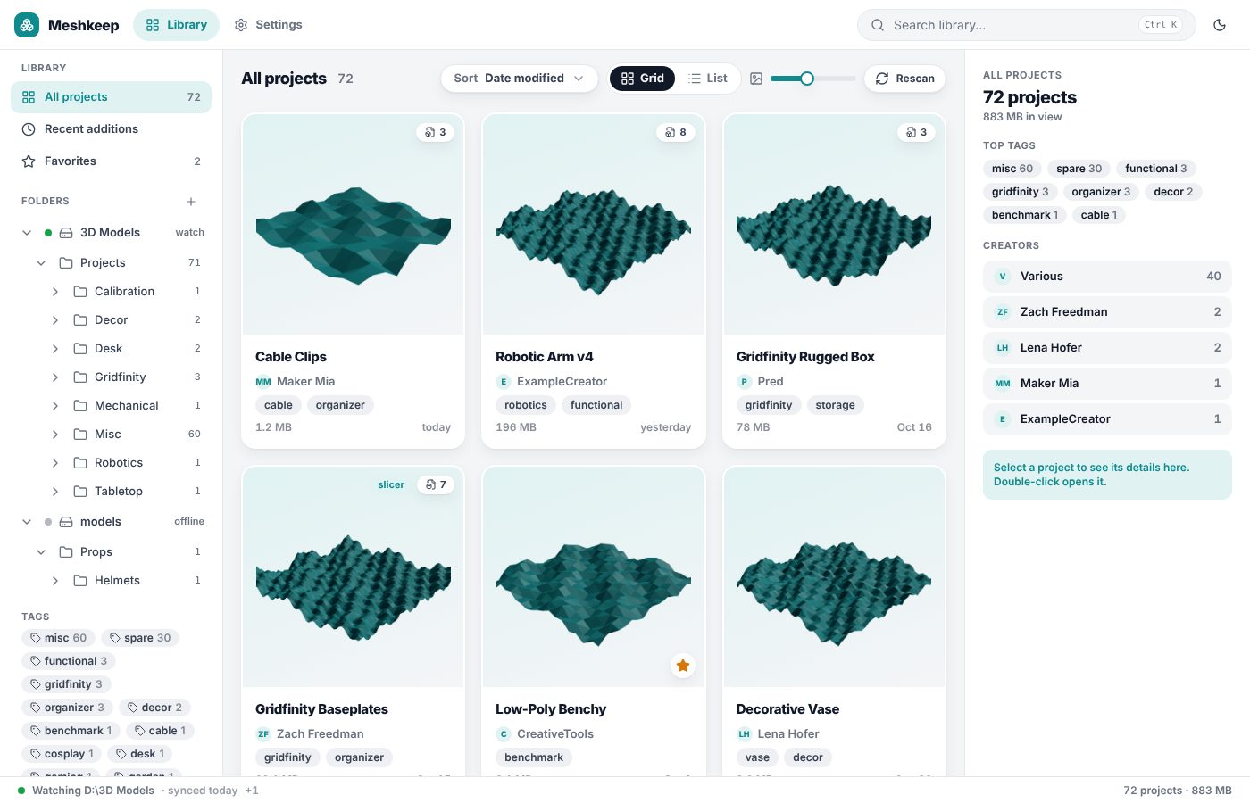 Library grid with rendered thumbnails